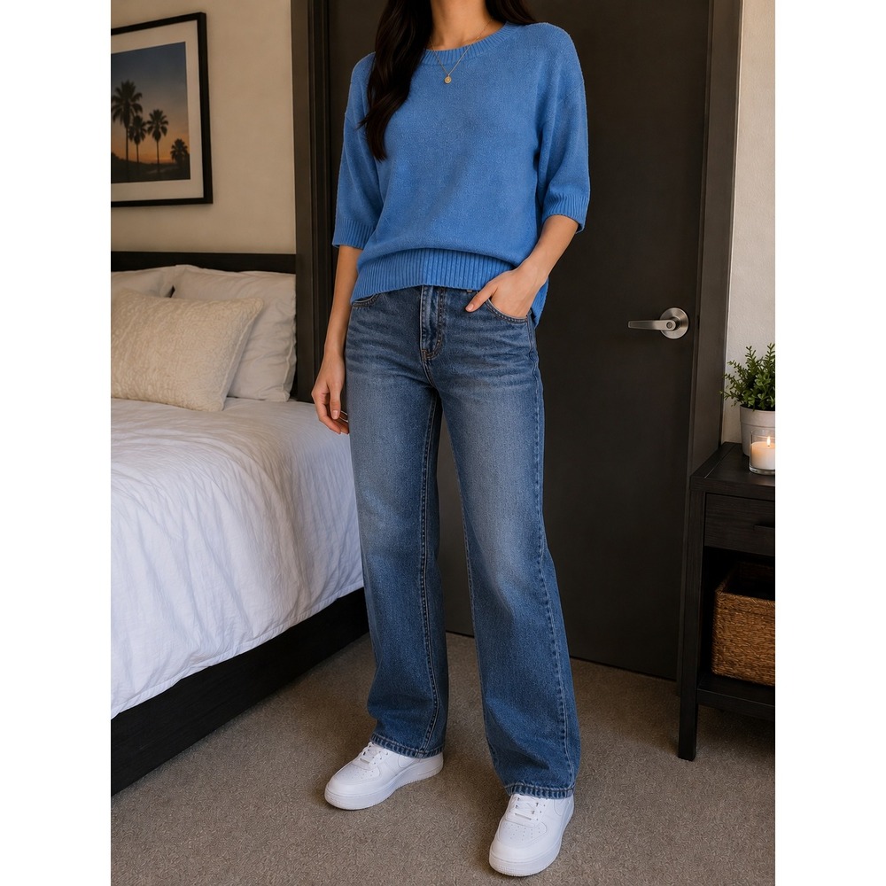 Dreamers by Debut Blue Short Sleeve Knit Crewneck Sweater L/XL